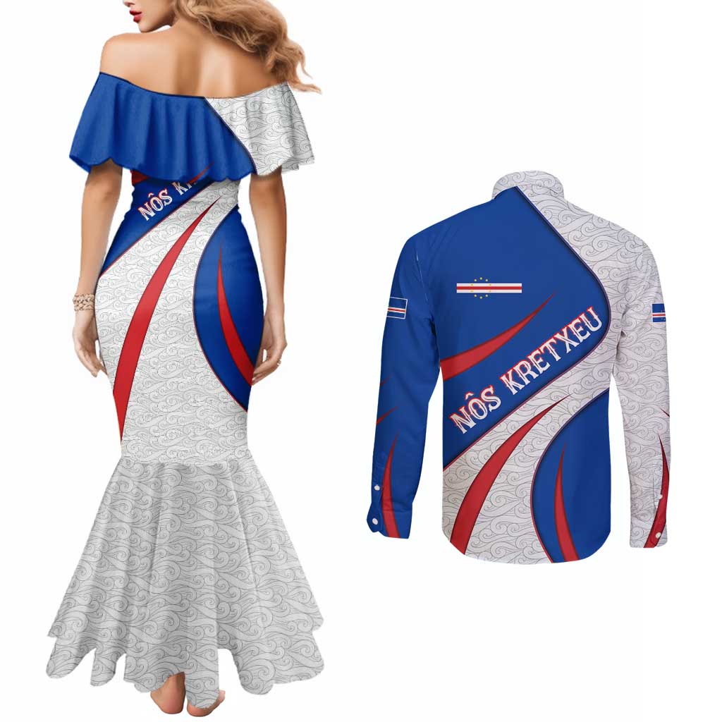 Cape Verde Couples Matching Mermaid Dress and Long Sleeve Button Shirt with Blue Red Flag Nós Kretxeu Spirit
