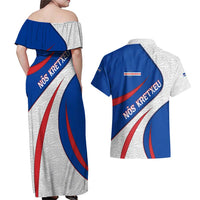 Cape Verde Couples Matching Off Shoulder Maxi Dress and Hawaiian Shirt with Blue Red Flag Nós Kretxeu Spirit