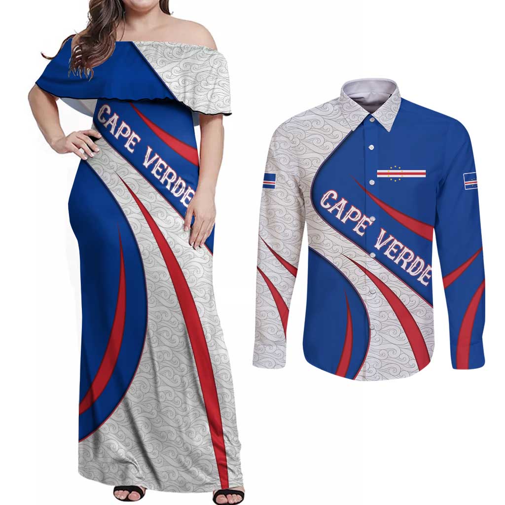 Cape Verde Couples Matching Off Shoulder Maxi Dress and Long Sleeve Button Shirt with Blue Red Flag Nós Kretxeu Spirit