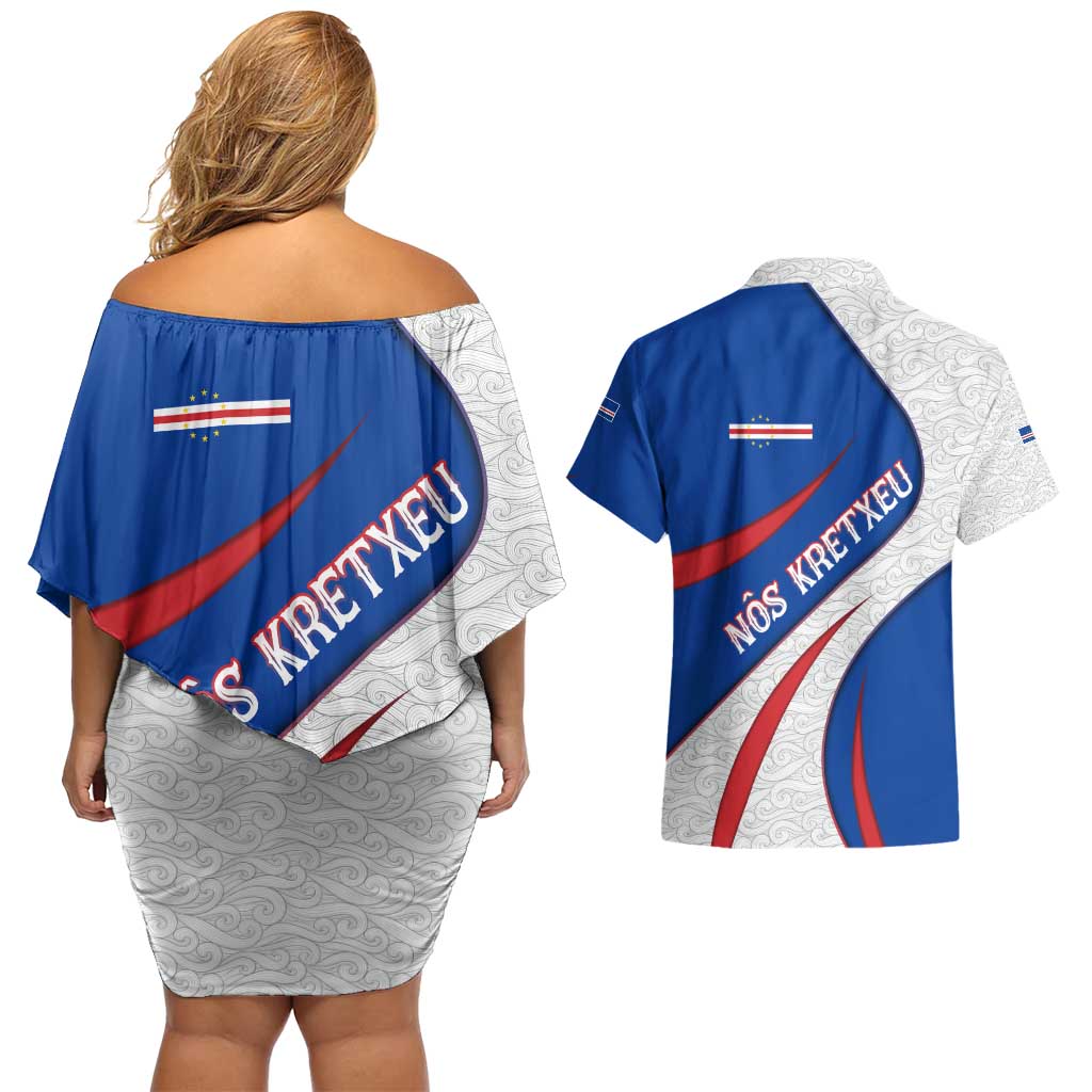 Cape Verde Couples Matching Off Shoulder Short Dress and Hawaiian Shirt with Blue Red Flag Nós Kretxeu Spirit