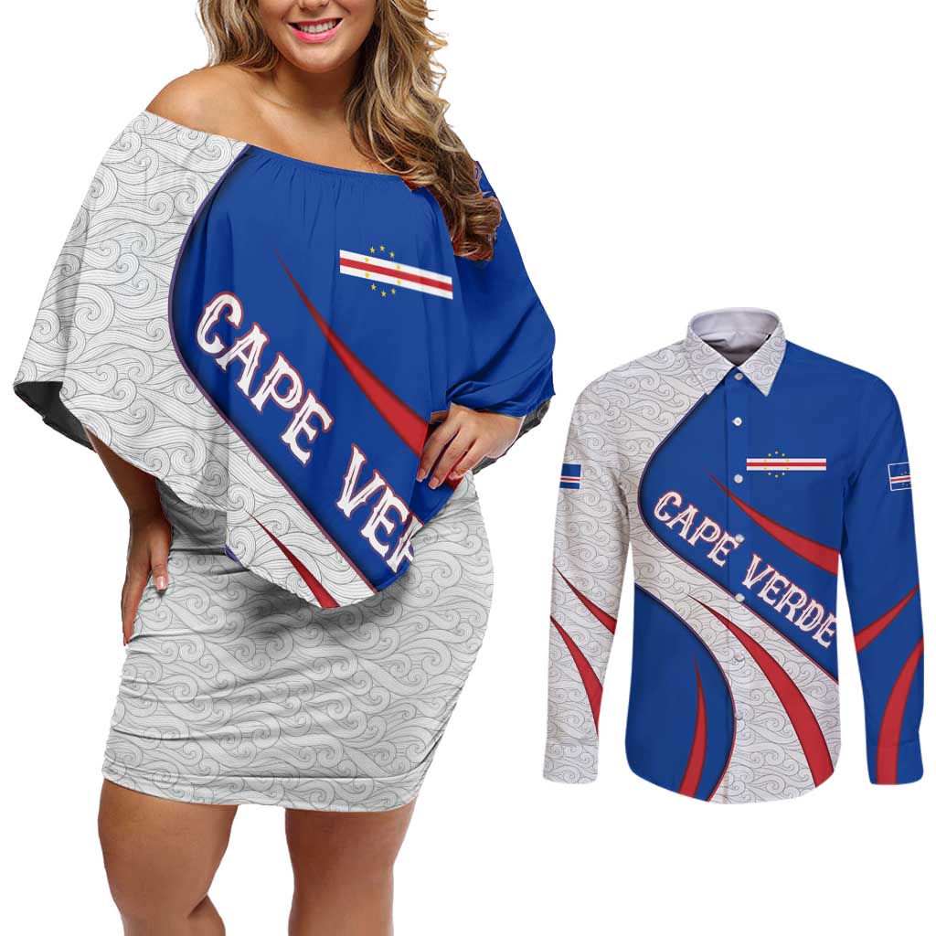 Cape Verde Couples Matching Off Shoulder Short Dress and Long Sleeve Button Shirt with Blue Red Flag Nós Kretxeu Spirit