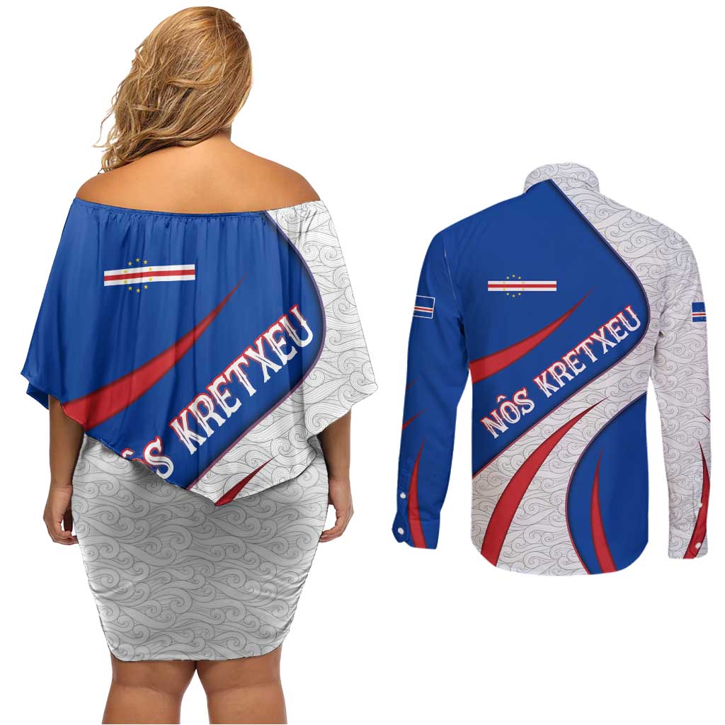 Cape Verde Couples Matching Off Shoulder Short Dress and Long Sleeve Button Shirt with Blue Red Flag Nós Kretxeu Spirit