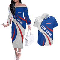 Cape Verde Couples Matching Off The Shoulder Long Sleeve Dress and Hawaiian Shirt with Blue Red Flag Nós Kretxeu Spirit