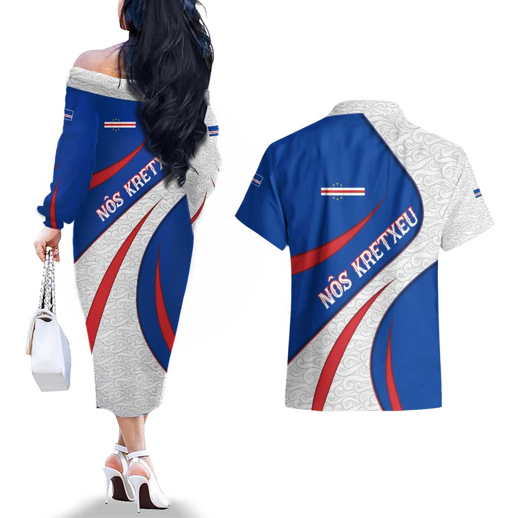Cape Verde Couples Matching Off The Shoulder Long Sleeve Dress and Hawaiian Shirt with Blue Red Flag Nós Kretxeu Spirit