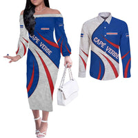 Cape Verde Couples Matching Off The Shoulder Long Sleeve Dress and Long Sleeve Button Shirt with Blue Red Flag Nós Kretxeu Spirit