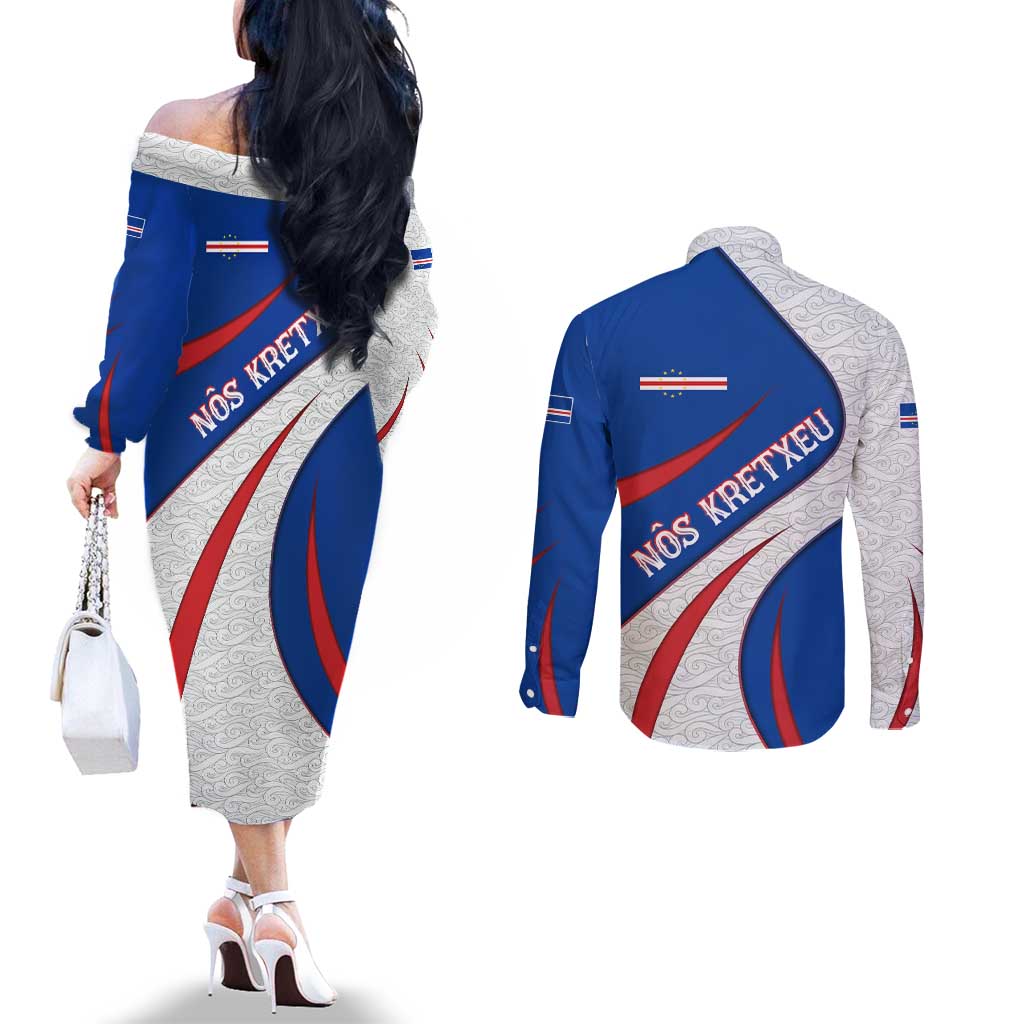 Cape Verde Couples Matching Off The Shoulder Long Sleeve Dress and Long Sleeve Button Shirt with Blue Red Flag Nós Kretxeu Spirit