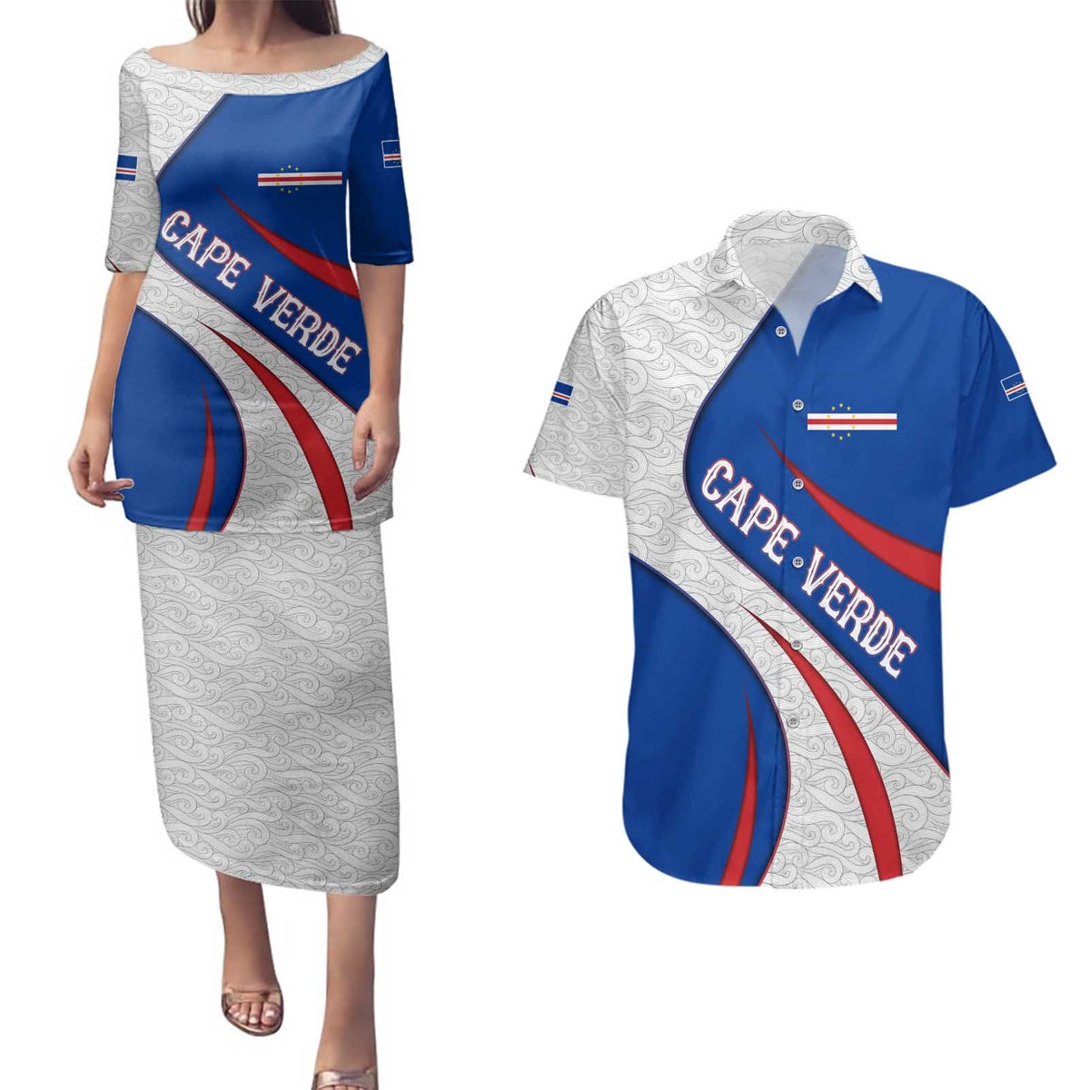Cape Verde Couples Matching Puletasi and Hawaiian Shirt with Blue Red Flag Nós Kretxeu Spirit