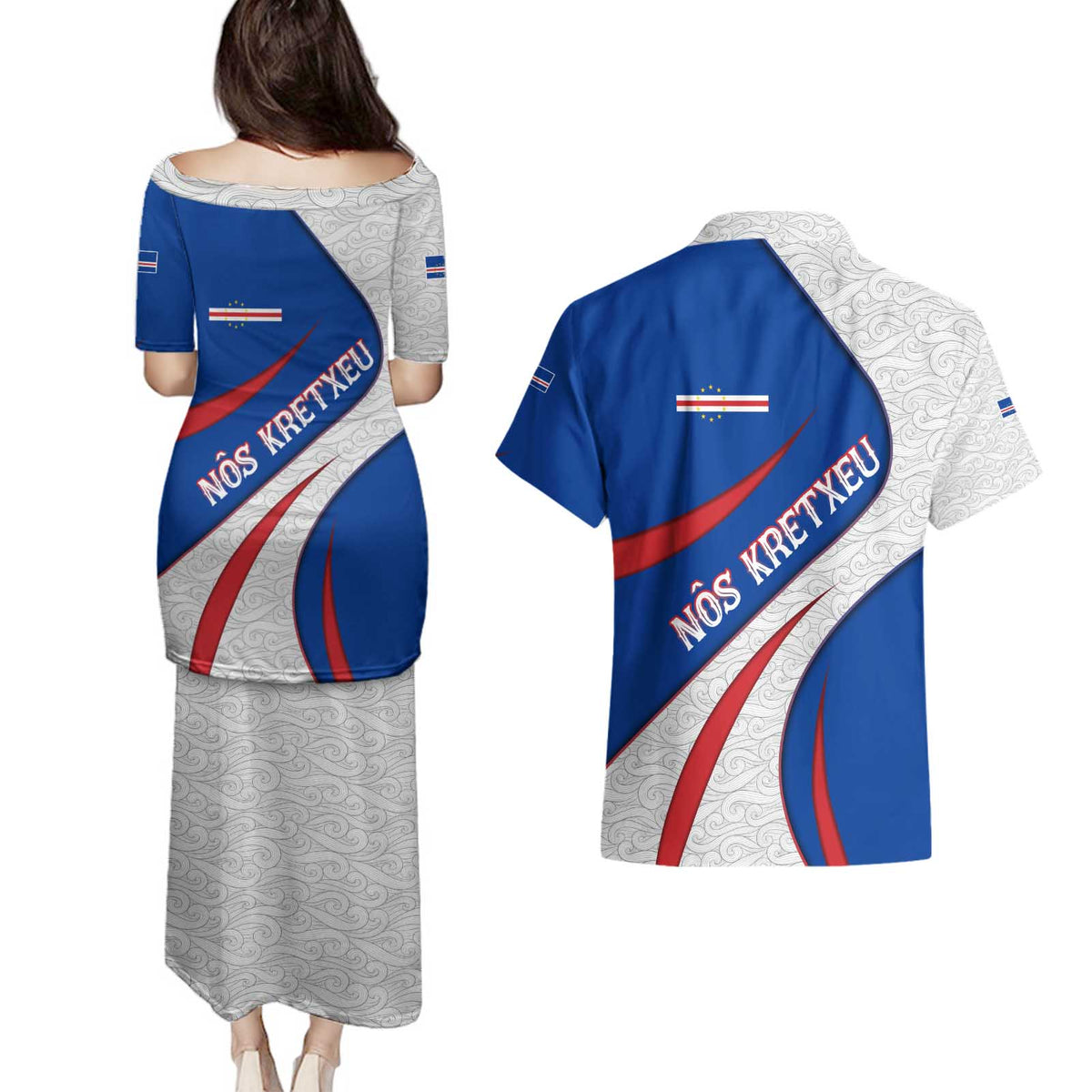 Cape Verde Couples Matching Puletasi and Hawaiian Shirt with Blue Red Flag Nós Kretxeu Spirit