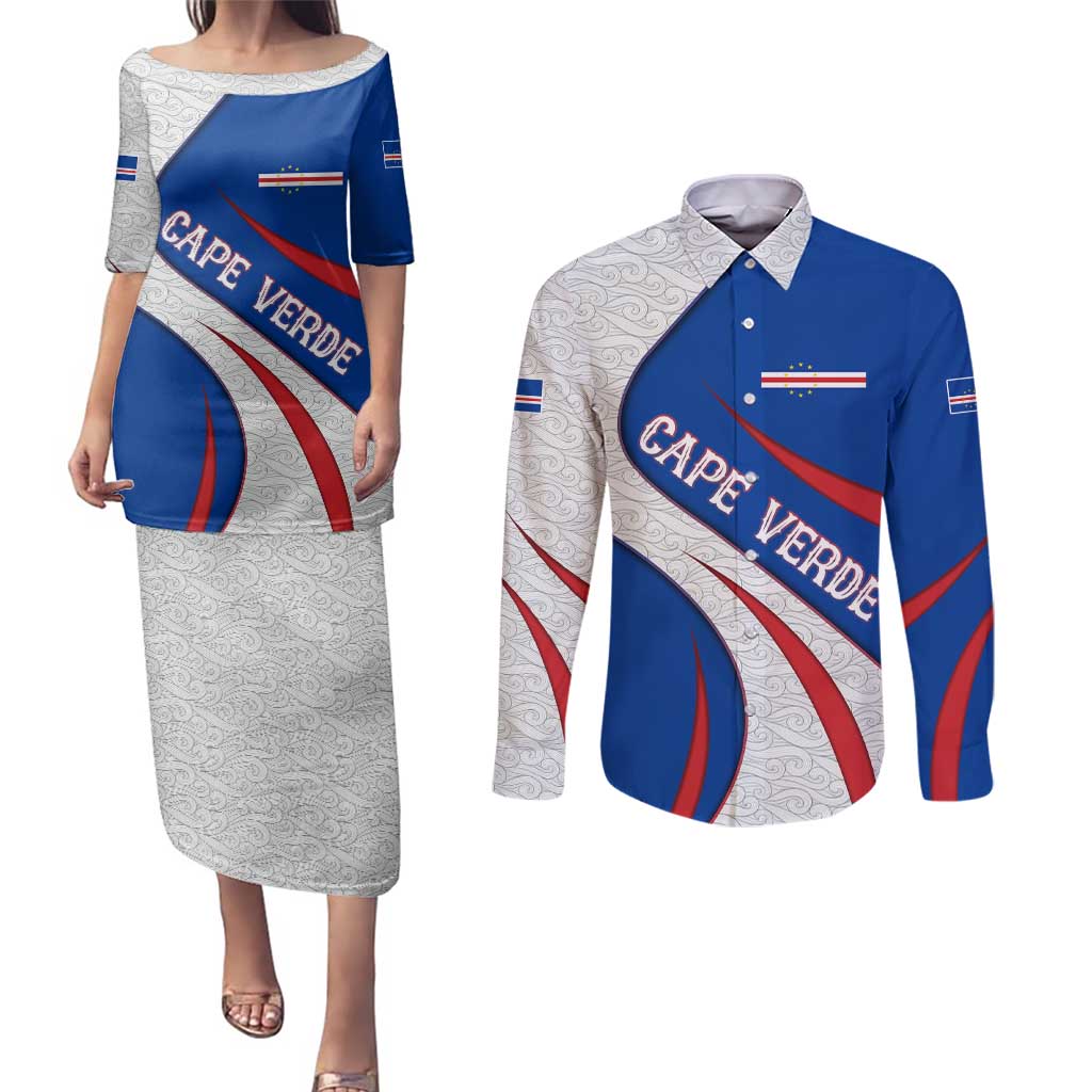 Cape Verde Couples Matching Puletasi and Long Sleeve Button Shirt with Blue Red Flag Nós Kretxeu Spirit