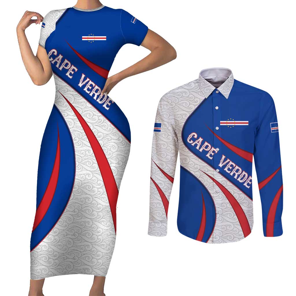Cape Verde Couples Matching Short Sleeve Bodycon Dress and Long Sleeve Button Shirt with Blue Red Flag Nós Kretxeu Spirit