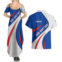 Cape Verde Couples Matching Summer Maxi Dress and Hawaiian Shirt with Blue Red Flag Nós Kretxeu Spirit