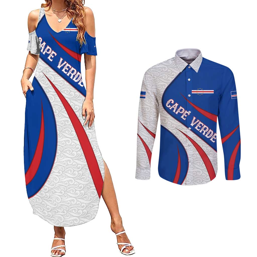 Cape Verde Couples Matching Summer Maxi Dress and Long Sleeve Button Shirt with Blue Red Flag Nós Kretxeu Spirit