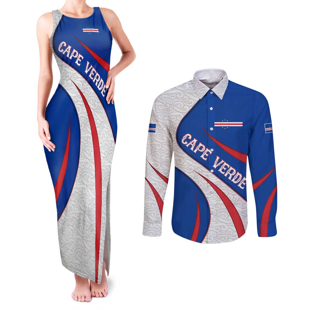 Cape Verde Couples Matching Tank Maxi Dress and Long Sleeve Button Shirt with Blue Red Flag Nós Kretxeu Spirit