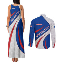Cape Verde Couples Matching Tank Maxi Dress and Long Sleeve Button Shirt with Blue Red Flag Nós Kretxeu Spirit