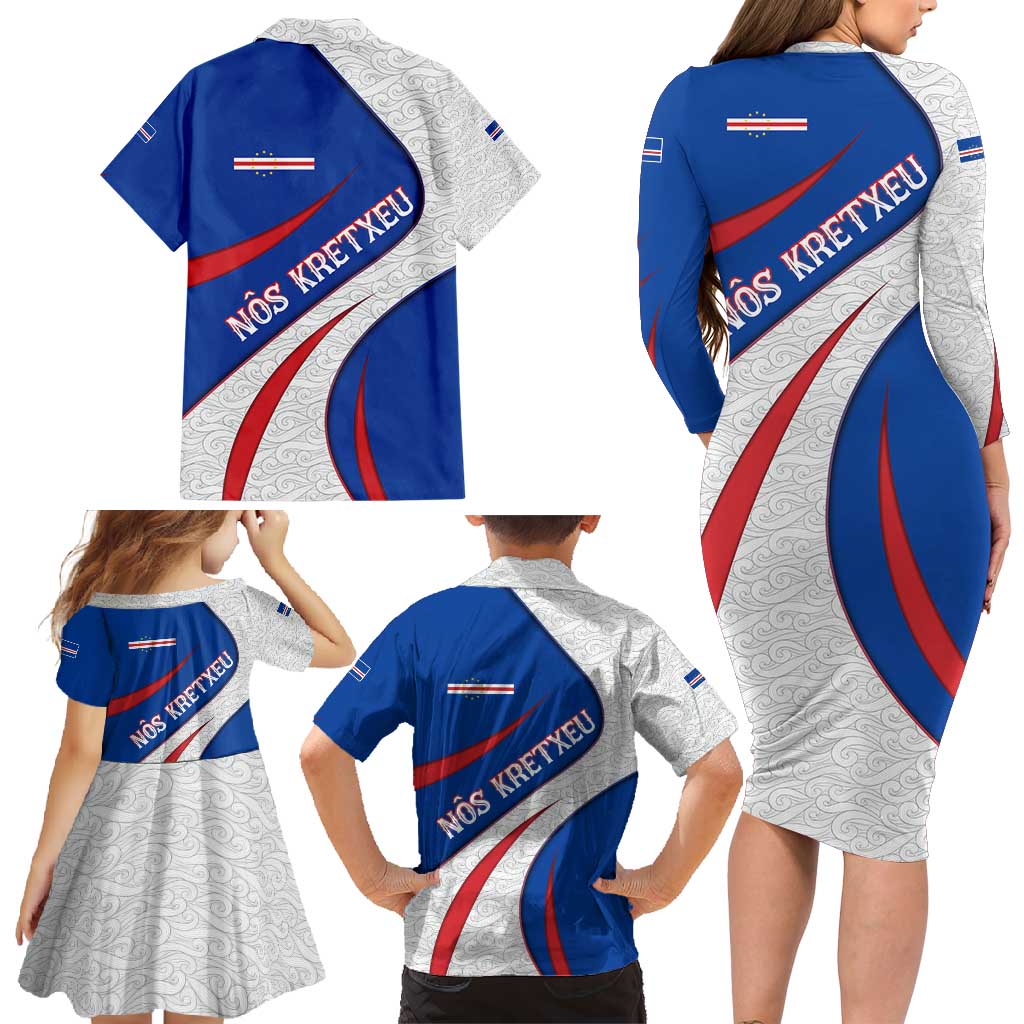 Cape Verde Family Matching Long Sleeve Bodycon Dress and Hawaiian Shirt with Blue Red Flag Nós Kretxeu Spirit