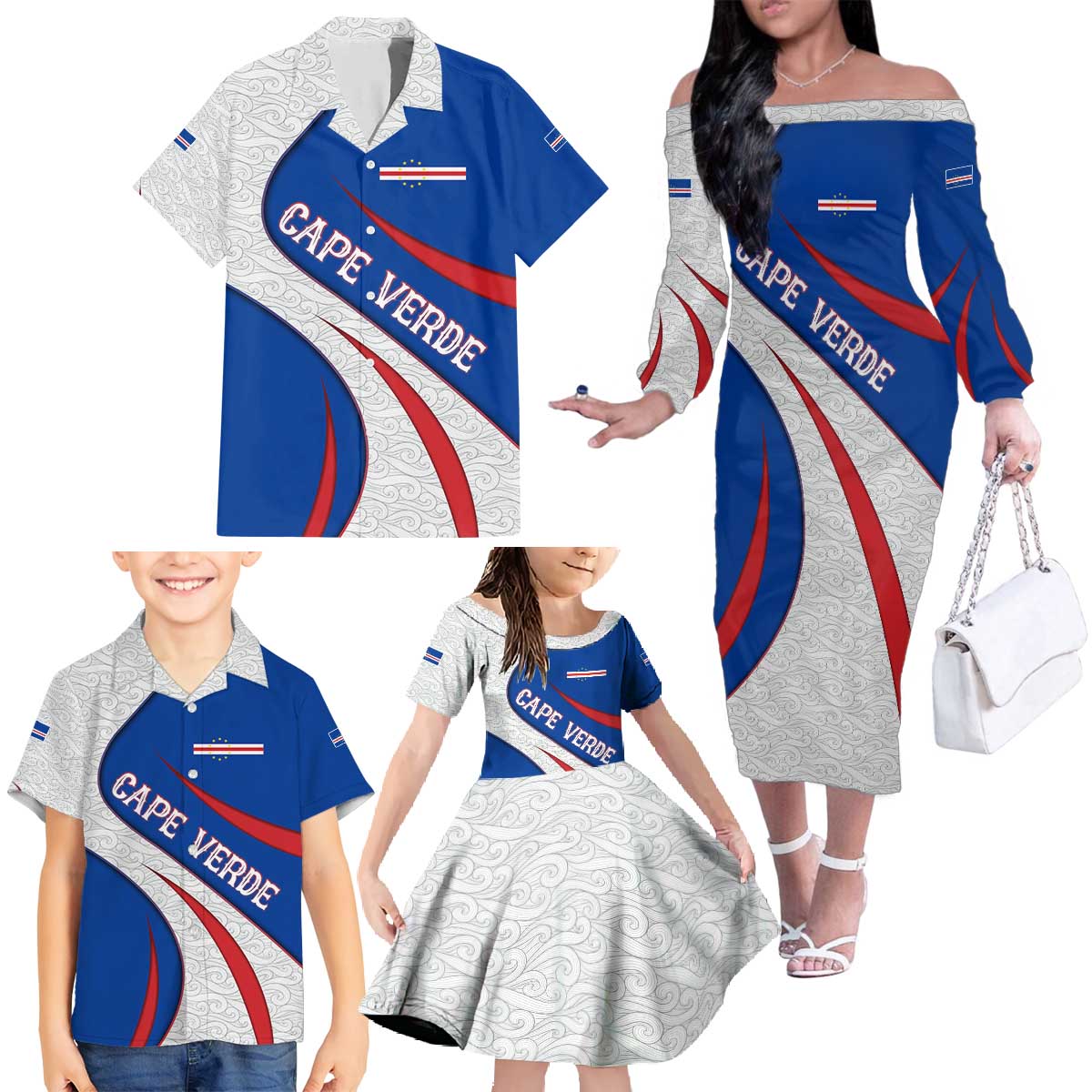 Cape Verde Family Matching Off The Shoulder Long Sleeve Dress and Hawaiian Shirt with Blue Red Flag Nós Kretxeu Spirit