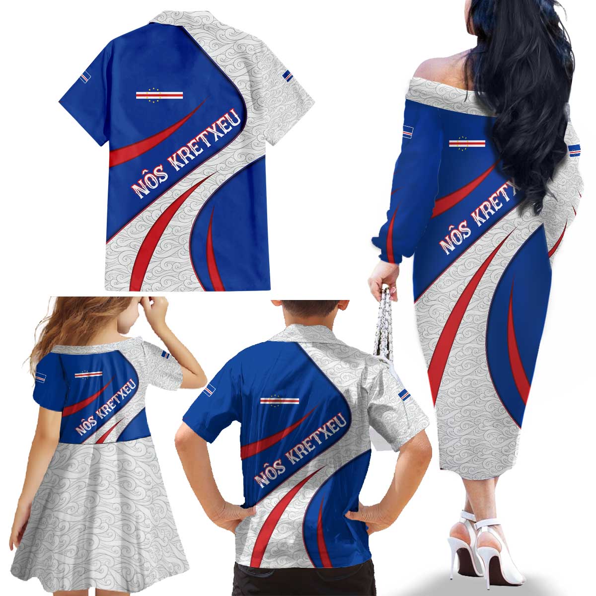 Cape Verde Family Matching Off The Shoulder Long Sleeve Dress and Hawaiian Shirt with Blue Red Flag Nós Kretxeu Spirit