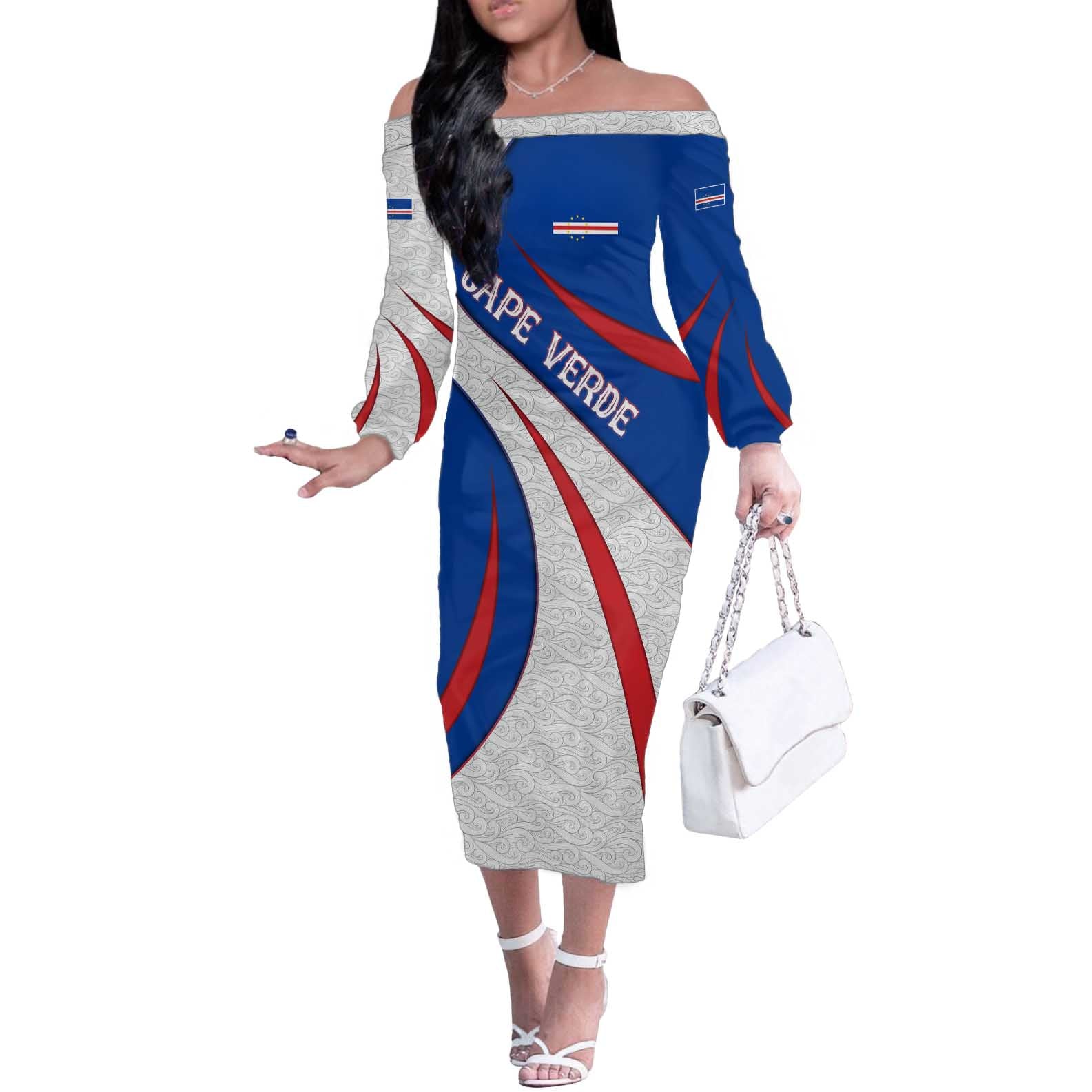 Cape Verde Off The Shoulder Long Sleeve Dress with Blue Red Flag Nós Kretxeu Spirit