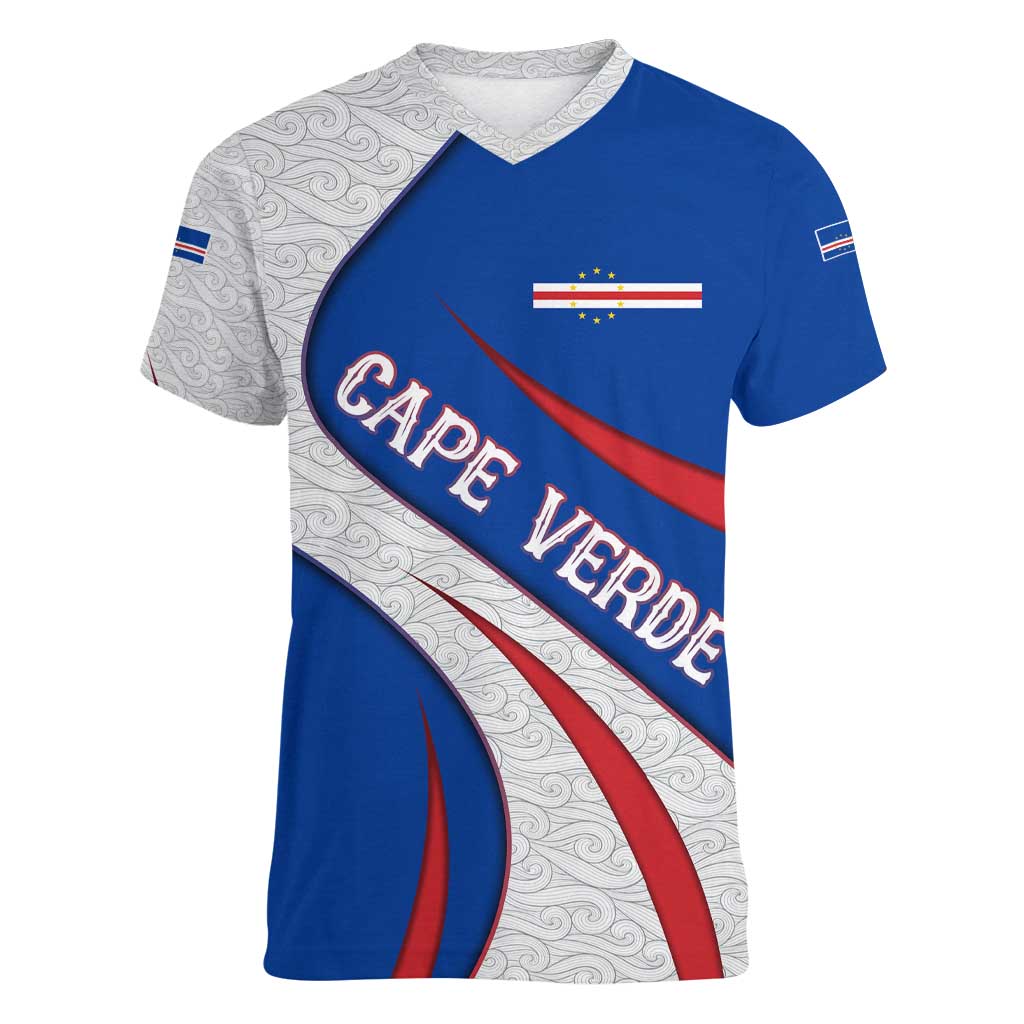 Cape Verde Women V-Neck T-Shirt with Blue Red Flag Nós Kretxeu Spirit