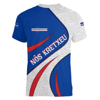 Cape Verde Women V-Neck T-Shirt with Blue Red Flag Nós Kretxeu Spirit