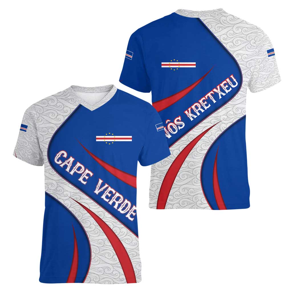 Cape Verde Women V-Neck T-Shirt with Blue Red Flag Nós Kretxeu Spirit
