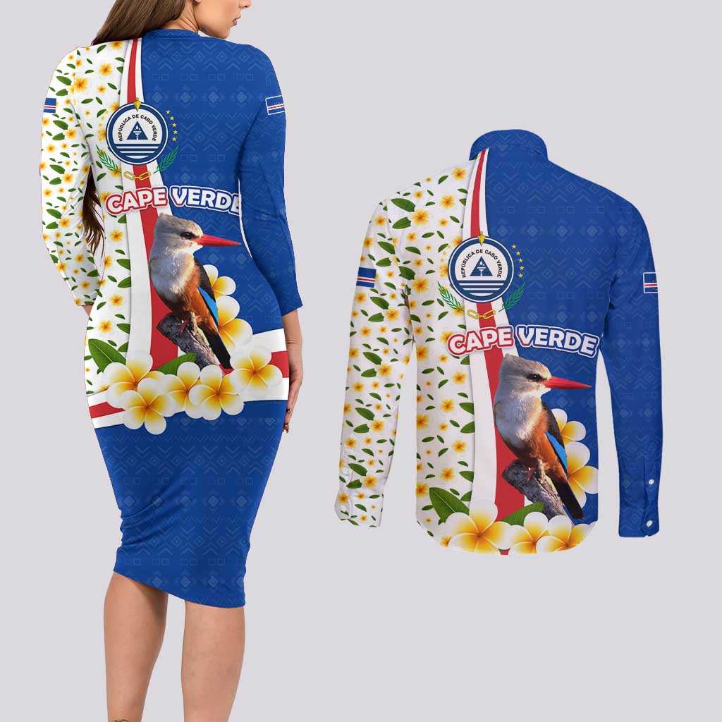 Cape Verde Couples Matching Long Sleeve Bodycon Dress and Long Sleeve Button Shirt with Kingfisher Bird Floral Flag Spirit
