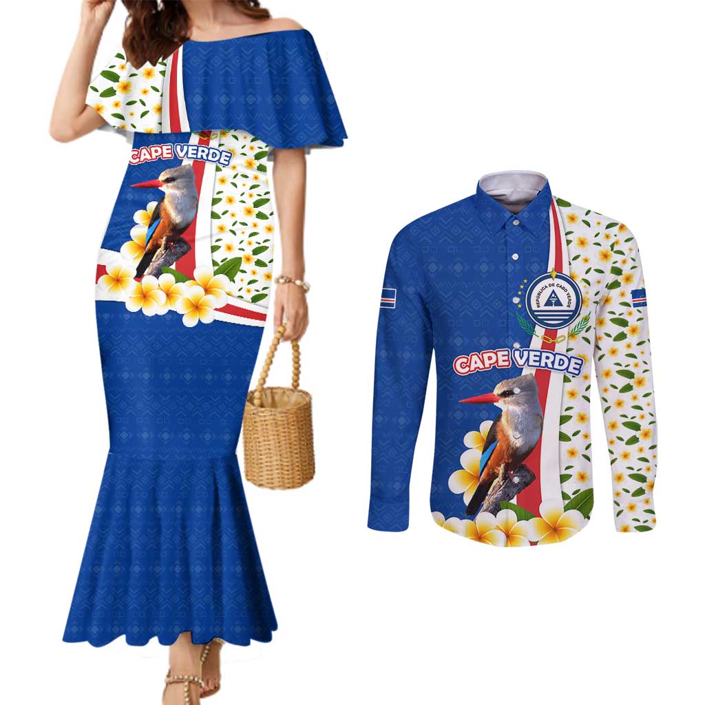Cape Verde Couples Matching Mermaid Dress and Long Sleeve Button Shirt with Kingfisher Bird Floral Flag Spirit