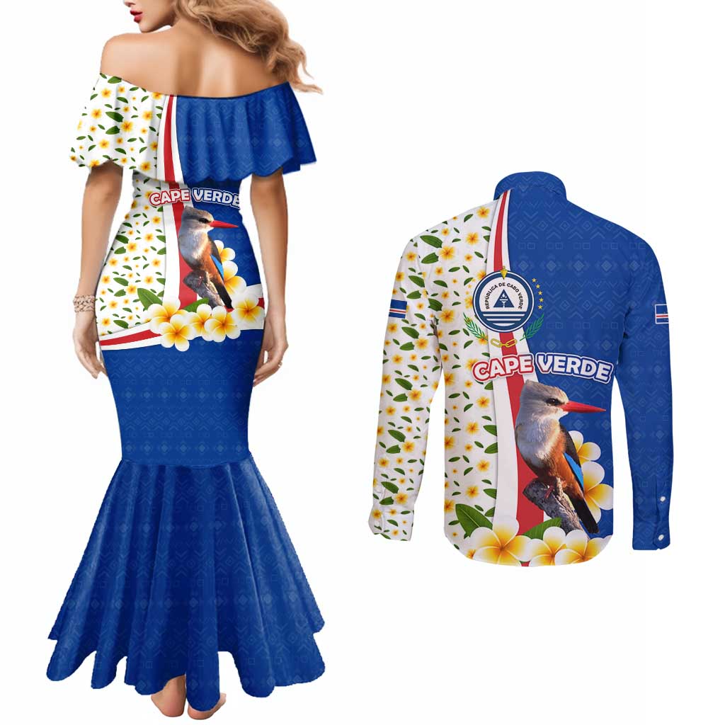 Cape Verde Couples Matching Mermaid Dress and Long Sleeve Button Shirt with Kingfisher Bird Floral Flag Spirit