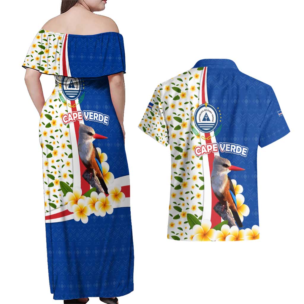 Cape Verde Couples Matching Off Shoulder Maxi Dress and Hawaiian Shirt with Kingfisher Bird Floral Flag Spirit