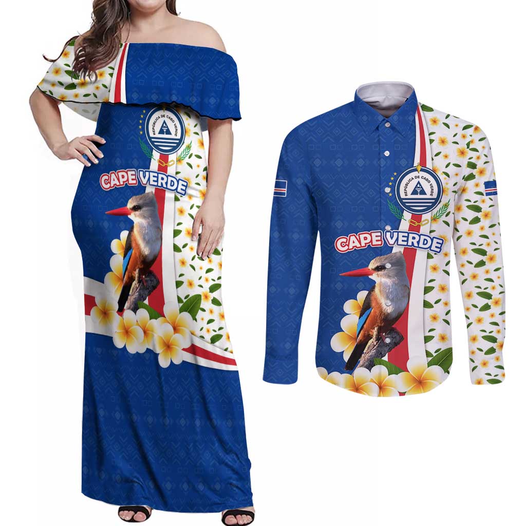 Cape Verde Couples Matching Off Shoulder Maxi Dress and Long Sleeve Button Shirt with Kingfisher Bird Floral Flag Spirit