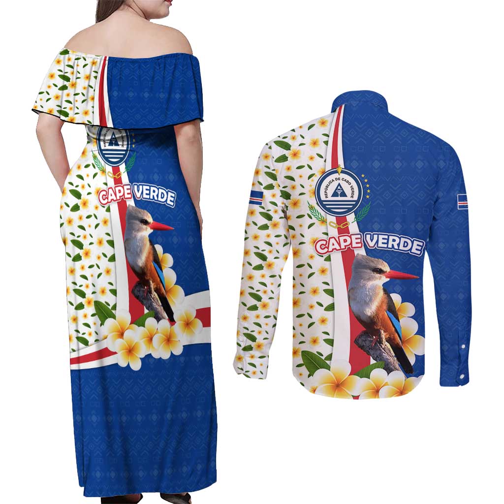 Cape Verde Couples Matching Off Shoulder Maxi Dress and Long Sleeve Button Shirt with Kingfisher Bird Floral Flag Spirit