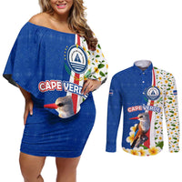 Cape Verde Couples Matching Off Shoulder Short Dress and Long Sleeve Button Shirt with Kingfisher Bird Floral Flag Spirit