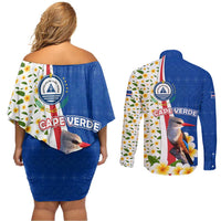 Cape Verde Couples Matching Off Shoulder Short Dress and Long Sleeve Button Shirt with Kingfisher Bird Floral Flag Spirit