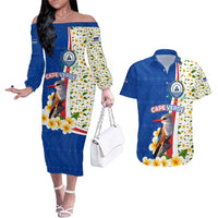 Cape Verde Couples Matching Off The Shoulder Long Sleeve Dress and Hawaiian Shirt with Kingfisher Bird Floral Flag Spirit