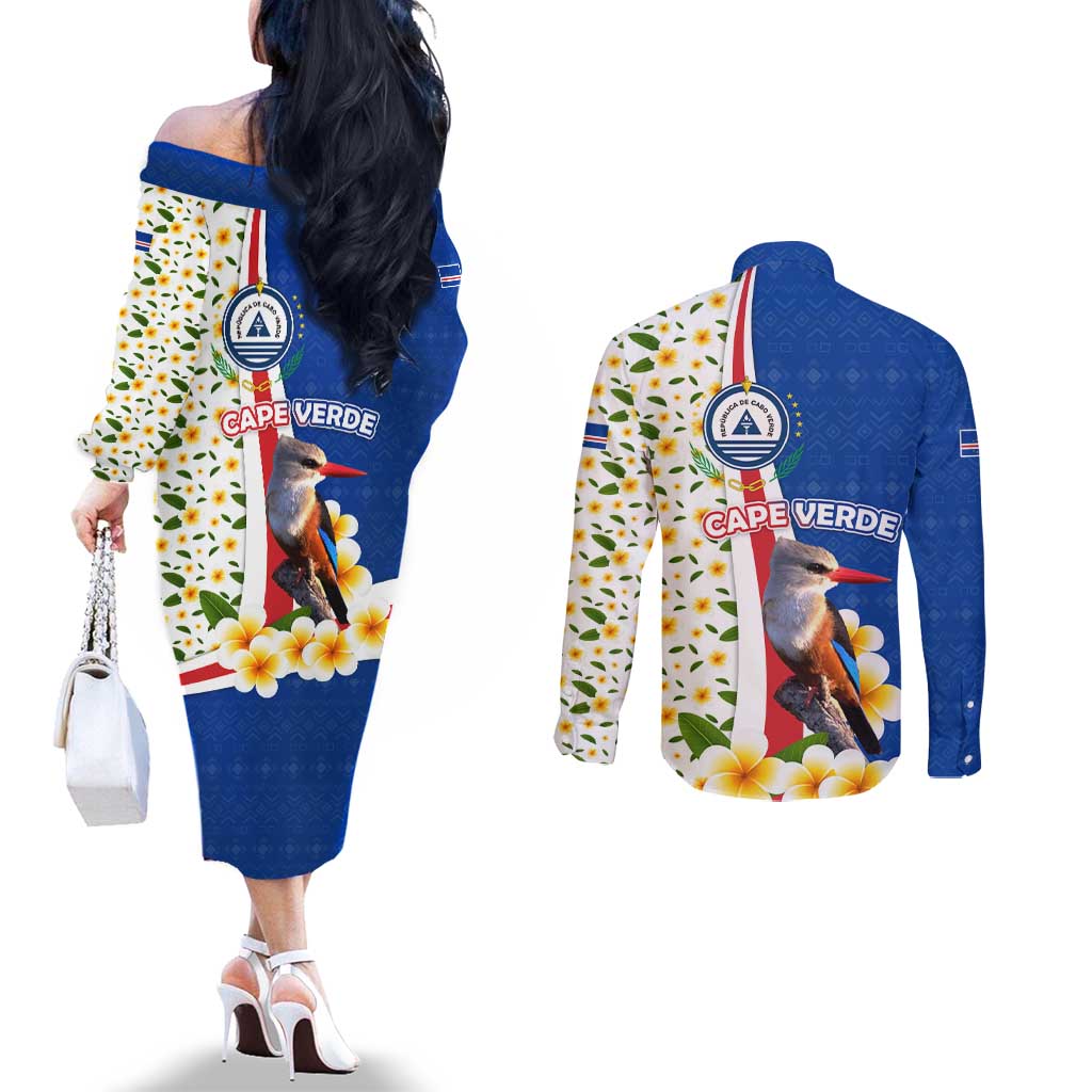 Cape Verde Couples Matching Off The Shoulder Long Sleeve Dress and Long Sleeve Button Shirt with Kingfisher Bird Floral Flag Spirit
