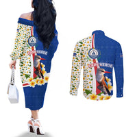 Cape Verde Couples Matching Off The Shoulder Long Sleeve Dress and Long Sleeve Button Shirt with Kingfisher Bird Floral Flag Spirit