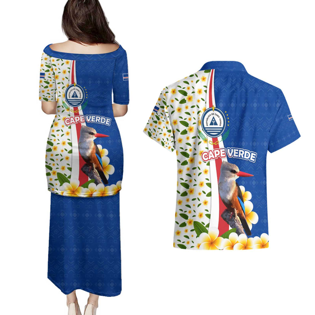 Cape Verde Couples Matching Puletasi and Hawaiian Shirt with Kingfisher Bird Floral Flag Spirit