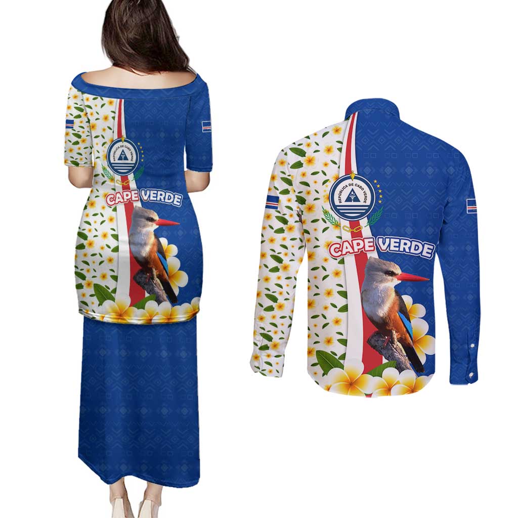 Cape Verde Couples Matching Puletasi and Long Sleeve Button Shirt with Kingfisher Bird Floral Flag Spirit