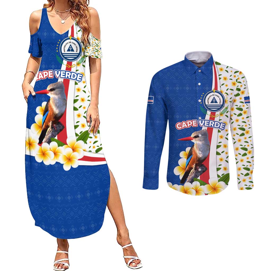 Cape Verde Couples Matching Summer Maxi Dress and Long Sleeve Button Shirt with Kingfisher Bird Floral Flag Spirit