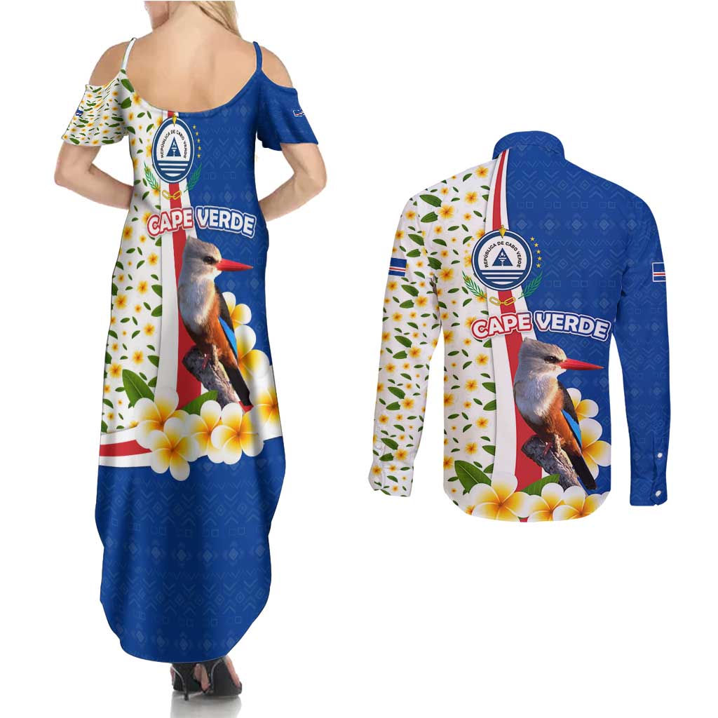 Cape Verde Couples Matching Summer Maxi Dress and Long Sleeve Button Shirt with Kingfisher Bird Floral Flag Spirit