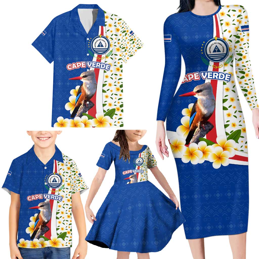 Cape Verde Family Matching Long Sleeve Bodycon Dress and Hawaiian Shirt with Kingfisher Bird Floral Flag Spirit