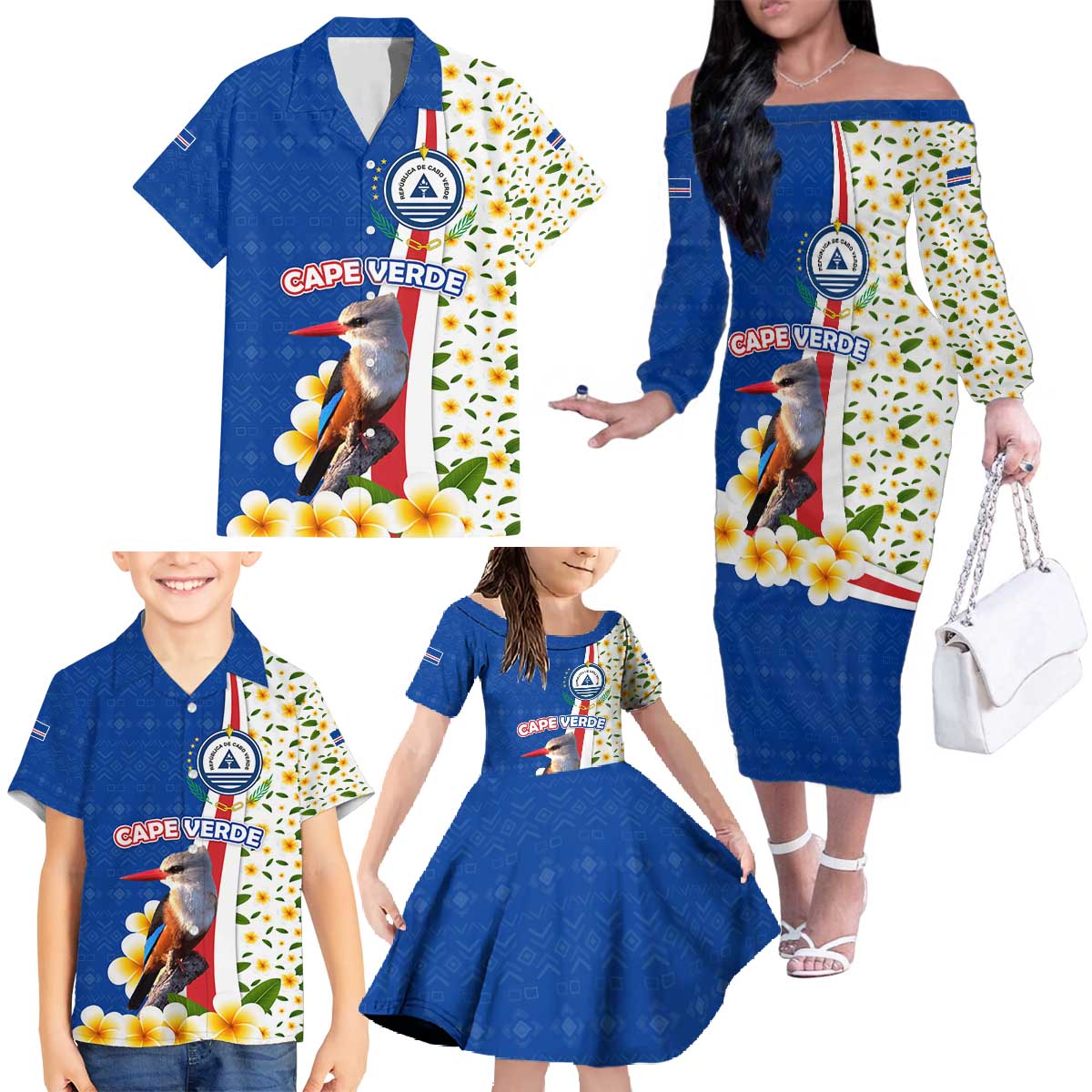 Cape Verde Family Matching Off The Shoulder Long Sleeve Dress and Hawaiian Shirt with Kingfisher Bird Floral Flag Spirit