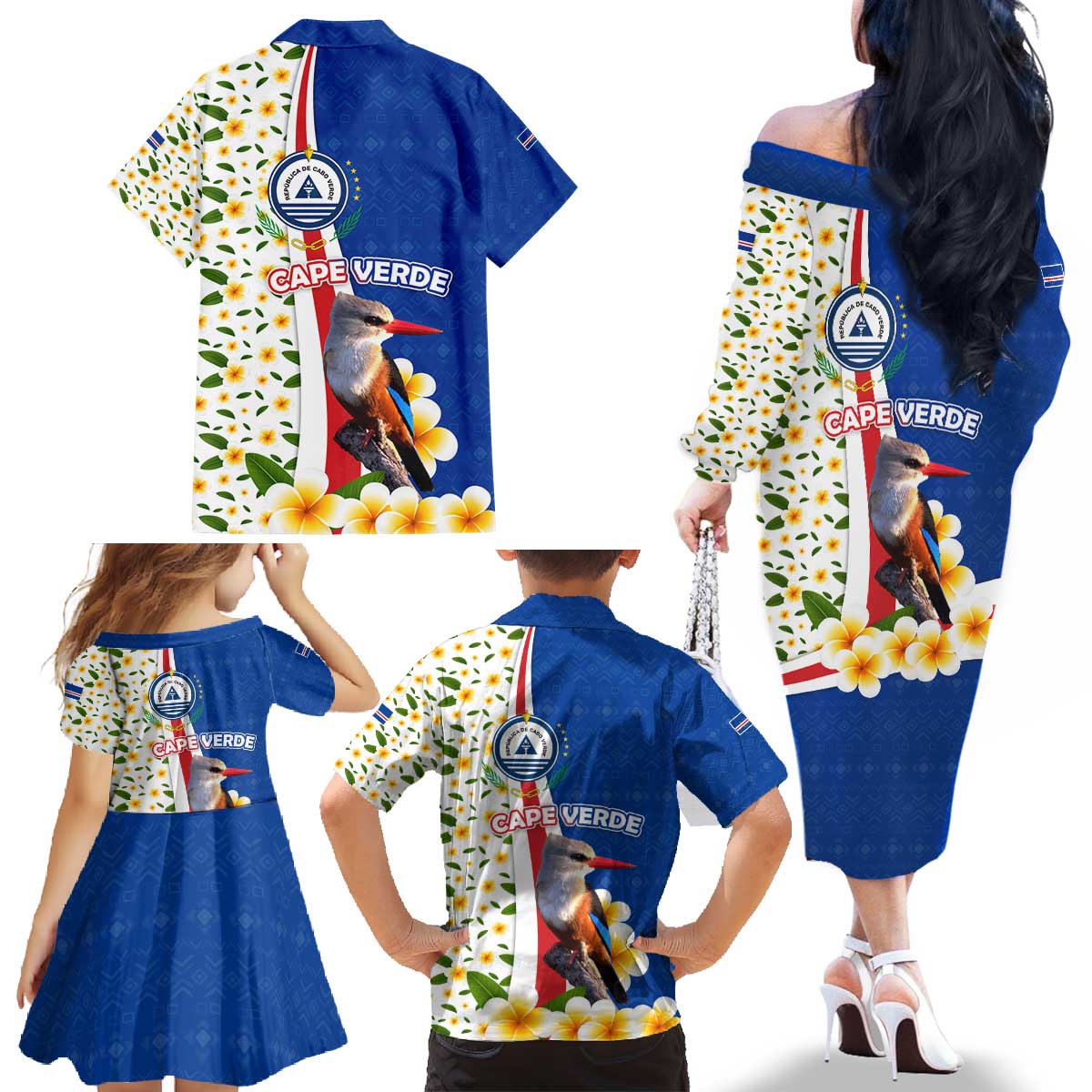 Cape Verde Family Matching Off The Shoulder Long Sleeve Dress and Hawaiian Shirt with Kingfisher Bird Floral Flag Spirit