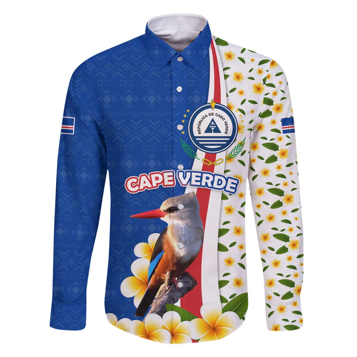 Cape Verde Family Matching Off The Shoulder Long Sleeve Dress and Hawaiian Shirt with Kingfisher Bird Floral Flag Spirit