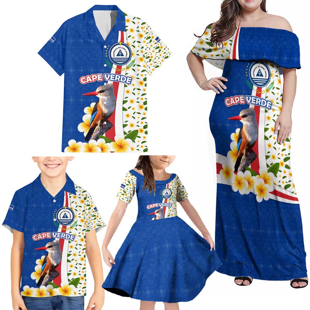 Cape Verde Family Matching Off Shoulder Maxi Dress and Hawaiian Shirt with Kingfisher Bird Floral Flag Spirit