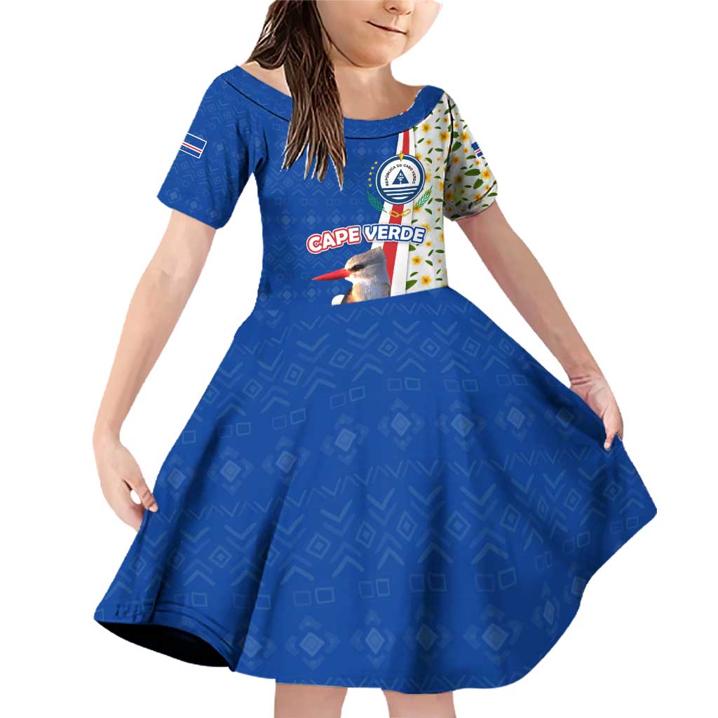 Cape Verde Family Matching Off Shoulder Short Dress and Hawaiian Shirt with Kingfisher Bird Floral Flag Spirit