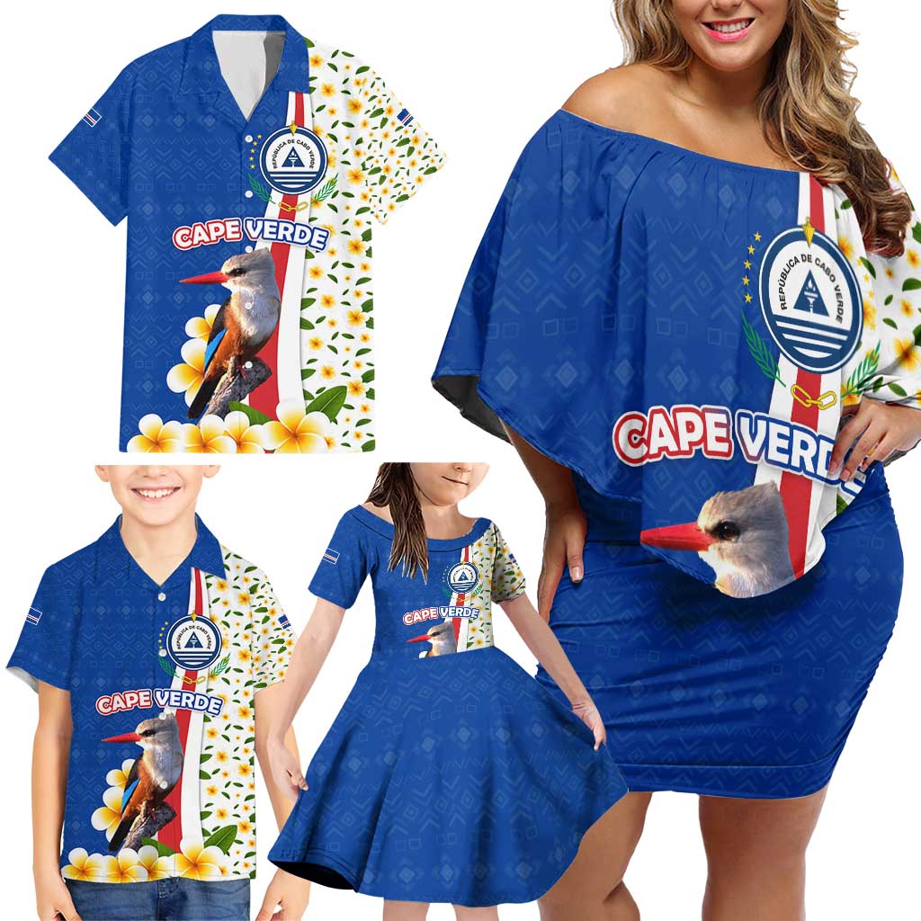Cape Verde Family Matching Off Shoulder Short Dress and Hawaiian Shirt with Kingfisher Bird Floral Flag Spirit