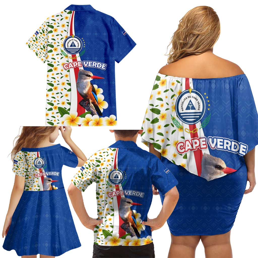 Cape Verde Family Matching Off Shoulder Short Dress and Hawaiian Shirt with Kingfisher Bird Floral Flag Spirit