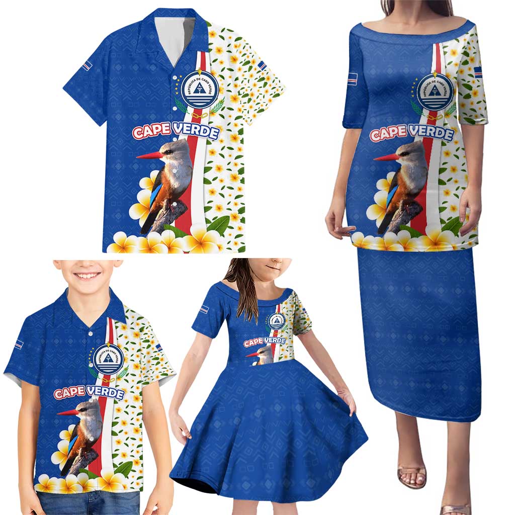 Cape Verde Family Matching Puletasi and Hawaiian Shirt with Kingfisher Bird Floral Flag Spirit