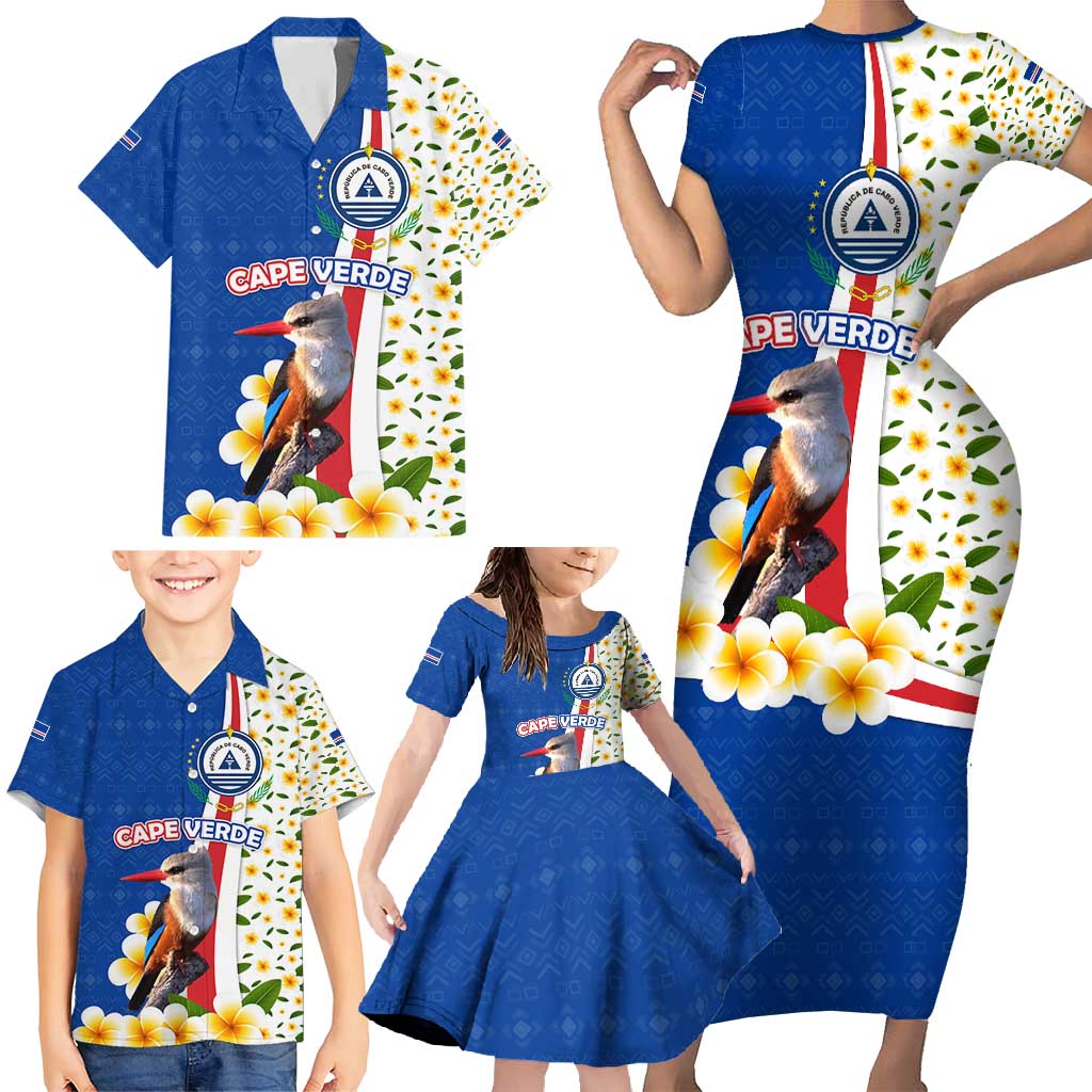 Cape Verde Family Matching Short Sleeve Bodycon Dress and Hawaiian Shirt with Kingfisher Bird Floral Flag Spirit